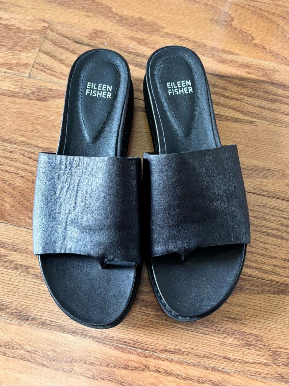 Eileen Fisher Black Touch Platform Leather Slide Sandals Womens Size 7 - Picture 2 of 7